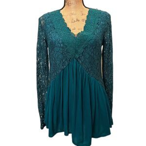 Wonderly‎ V-Neck Babydoll Blouse Deep Teal Lace Bohemian Fairycore Size Small